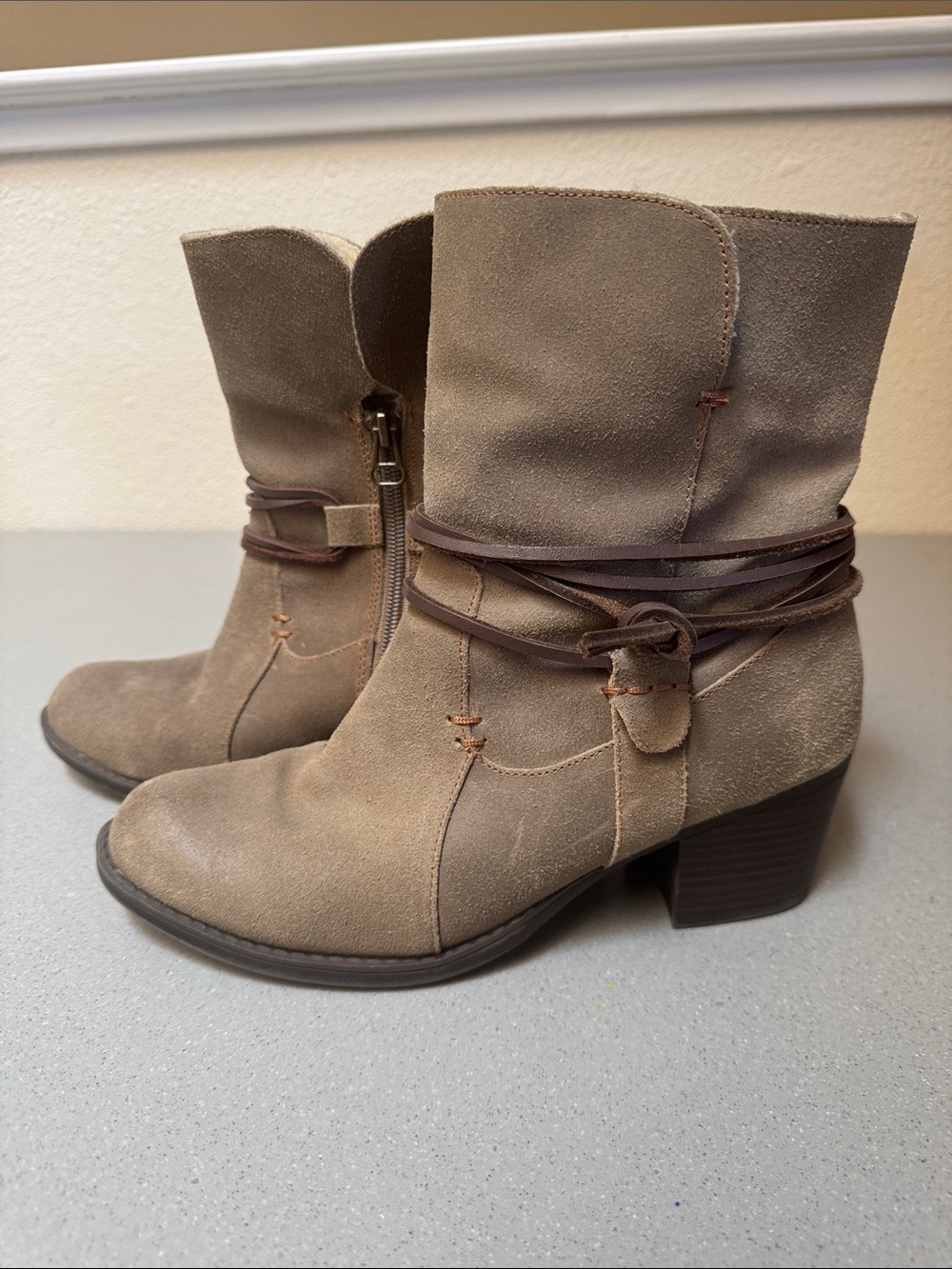 Sporto Women's Taupe Suede Ankle Boots with Wrap Detail